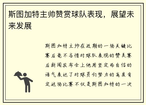斯图加特主帅赞赏球队表现，展望未来发展
